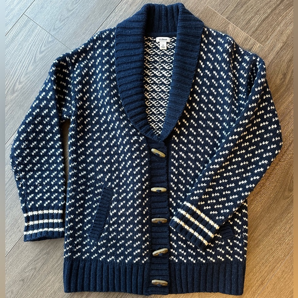 L.L. Bean Navy & White Birdseye Cardigan